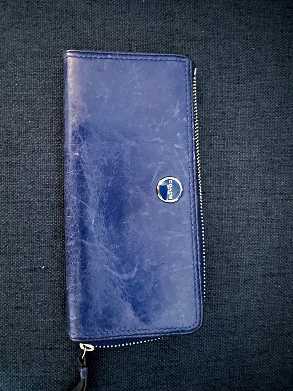 Coach Legacy Zip-Around Slim Wallet, Navy Blue Distressed Leather with Rainbow S